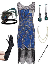 Load image into Gallery viewer, Green Peacock Feather Embroidered 1920S Gatsby Sequined Flapper Dress Set