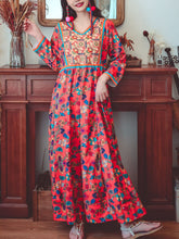 Load image into Gallery viewer, Jolly Vintage Women&#39;s Embroidered Printed Floral V Neck Long Sleeves Boho Maxi Dress