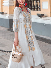 Load image into Gallery viewer, Women&#39;s Bohemian Floral Embroidered V Neck 3/4 Sleeves Front Split Button Maxi Boho Dress