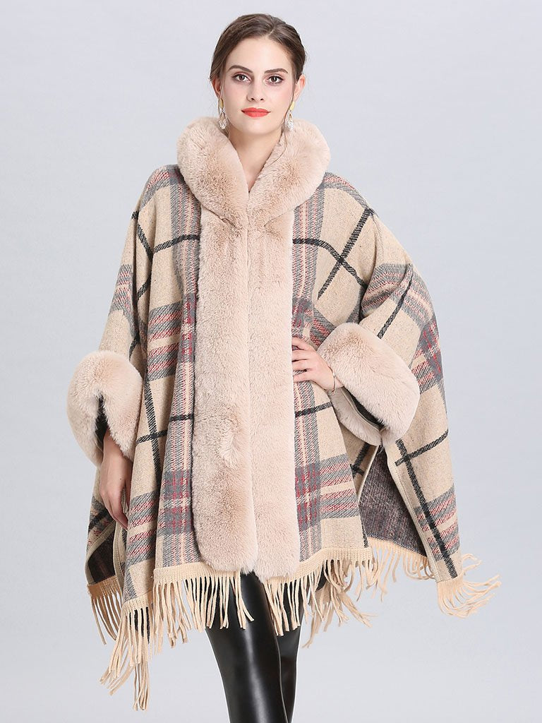 Faux Fur Coat Women Plaid Poncho Long Sleeve Batwing Oversized Cape Coat 
