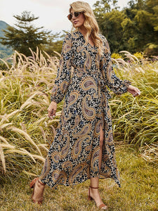 Women's Floral Boho Dress Long Sleeve Split Skirt Beach Party Dress
