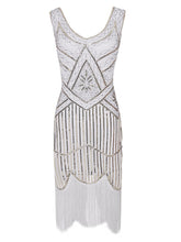 Load image into Gallery viewer, White 1920s V Neck Sequined Flapper Dress