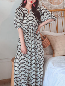 Jolly Vintage Women's Lace Embroidered Black Floral Half Sleeves Boho Maxi Dress