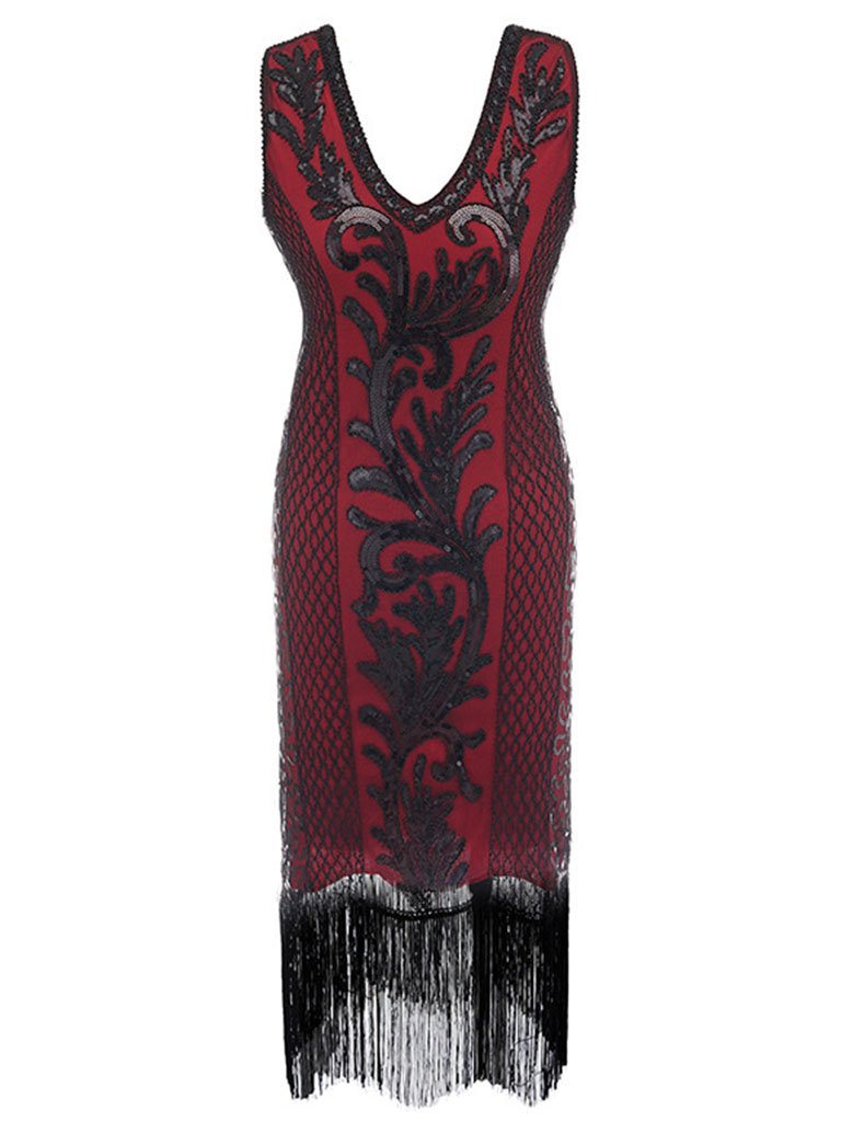 6 Color 1920s Sequined Fringe Peacock Flapper Dress, Wine Red / M 6 Color 1920s Sequined Fringe Peacock Flapper Dress, Wine Red / M