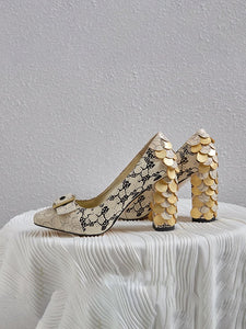Stone Patten Petal Chunky Heel  Vinatge Shoes