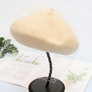 Wool Felt Beret Hat Cap With Longer Veil