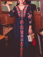 Load image into Gallery viewer, Women&#39;s Bohemian Embroidered Floral V Neck Long Sleeve Cotton Boho Maxi Dress