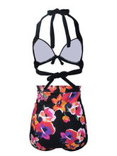 Load image into Gallery viewer, 

Black Floral Print Halter Backless Retro Style Binikis Swimwear