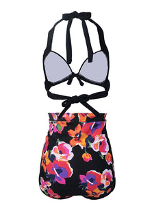 

Black Floral Print Halter Backless Retro Style Binikis Swimwear