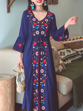 Load image into Gallery viewer, Jolly Vintage Bohemian V Neck Embroidered Floral Flared Long Sleeve Boho Dress