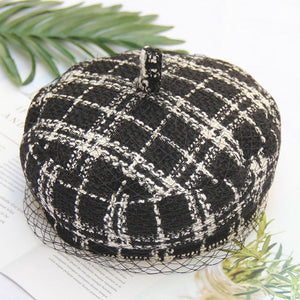 Black White Plaid Worsted Beret Hat Cap With Veil