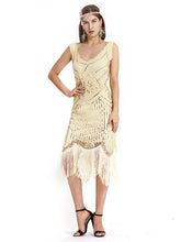 Load image into Gallery viewer, Apricot 1920s Crew Neck Sequined Fringed Flapper Dress