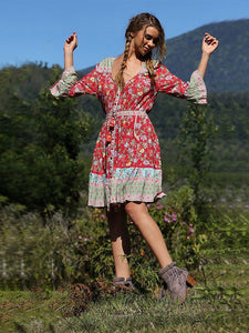 Women's Summer Boho Dress Floral Printed V Neck Beach Maxi Dress