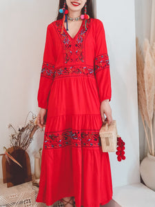 Jolly Vintage Women's Embroidered Floral V Neck Long Sleeves Boho Maxi Cotton Dress