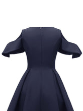 Load image into Gallery viewer, Navy 1950s Open Shoulder Ruffles Vintage Dress