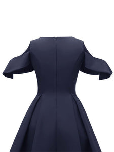 Navy 1950s Open Shoulder Ruffles Vintage Dress