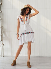 Load image into Gallery viewer, Women&#39;s Boho Dress Deep V Neck Embroidered Short Sleeve Midi Length Dress