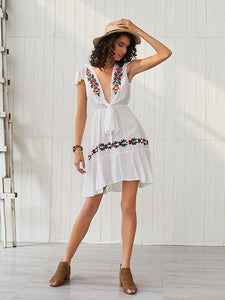 Women's Boho Dress Deep V Neck Embroidered Short Sleeve Midi Length Dress