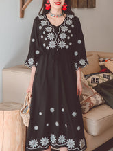 Load image into Gallery viewer, Jolly Vintage Women&#39;s Embroidered Floral 3/4 Sleeves V Neck Boho Dress