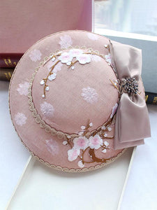 Pink Plum Embroidery Flower And Bow Rhinestone Decoration 1950S Hat 