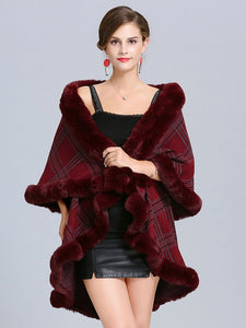 Women Poncho Wrap Faux Fur Collar Double Layer
