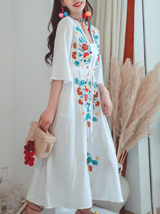 Women's Cotton Embroidered Floral Square Neck Flared Half Sleeve Maxi Boho Dress
