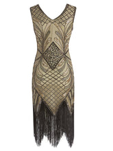 Load image into Gallery viewer, Black 1920s V Neck Sequined Flapper Dress