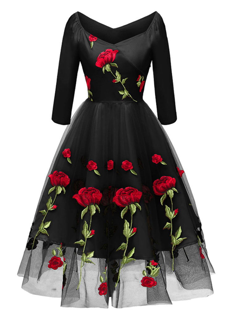 a line retro dress Solid Color Rose Embroidered Sweetheart A line Vintage Dress, Black / M