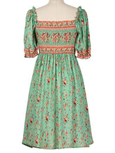 Load image into Gallery viewer, Women&#39;s Green Floral Boho Dress Short Ruffle Sleeve Square Neck Beach Dress