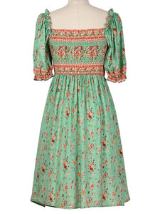 Women's Green Floral Boho Dress Short Ruffle Sleeve Square Neck Beach Dress