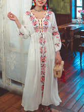Load image into Gallery viewer, Women&#39;s Bohemian Embroidered Floral V Neck Long Sleeve Cotton Boho Maxi Dress