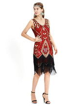 Load image into Gallery viewer, Wine Red 1920s V Neck Sequined Fringed Flapper Dres