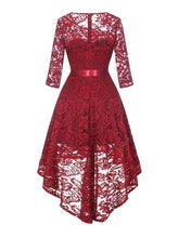 Load image into Gallery viewer, Lace O Neck 3/4 Length Sleeve High Low Hem Vintage Dress