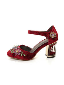 Luxury Womens Rhinestone Embroidery Crystal Flower Mary Janes Pumps
