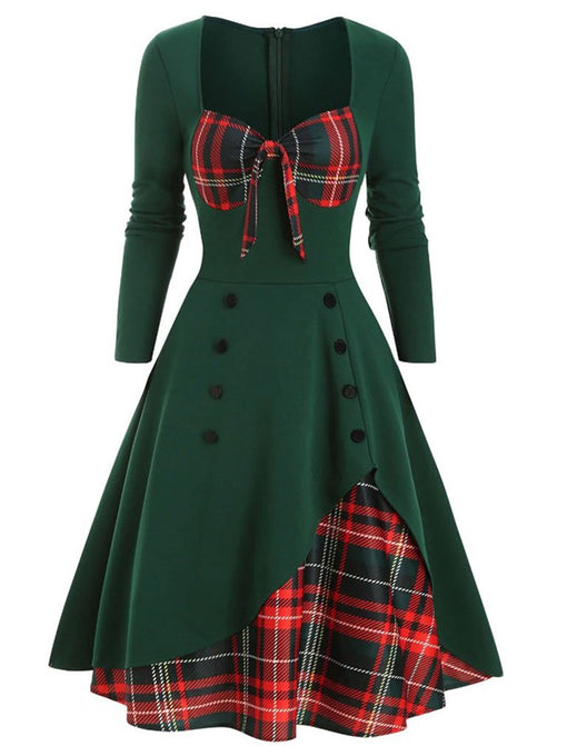 1950S Bow Heart Collar Plaid Long Sleeve Swing Dress