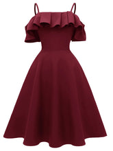 Load image into Gallery viewer, Navy 1950s Spaghetti Strap Ruffles Vintage Dress
