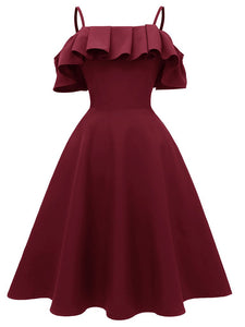 Navy 1950s Spaghetti Strap Ruffles Vintage Dress