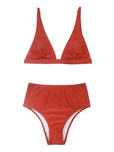 Red High Waisted Two Pieces Striated Triangle Bikini Sets