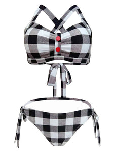 High Waisted Sexy Retro Style Backless Plaid Two Pieces Bikini Sets