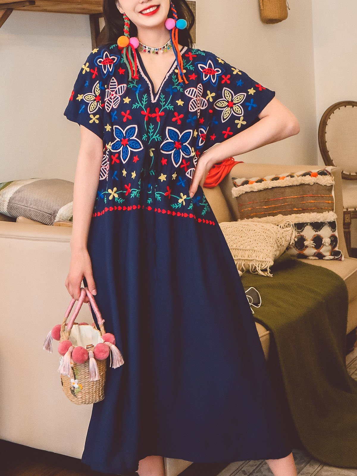 Jolly Vintage Bohemian V Neck Embroidered Floral Short Sleeve Boho Dress, Red / M Jolly Vintage Bohemian V Neck Embroidered Floral Short Sleeve Boho Dress, Red / M