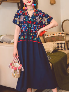 Jolly Vintage Bohemian V Neck Embroidered Floral Short Sleeve Boho Dress