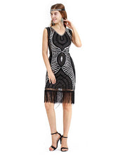 Load image into Gallery viewer, Black Gold 1920s V Neck Sequined Fringed Flapper Dress
