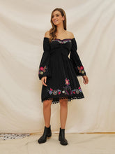 Load image into Gallery viewer, Women&#39;s Boho Dress Black Off Shoulder Floral Embroidered Dress