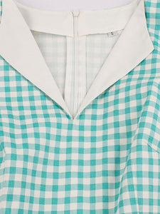 Printed V Neck Green Plaid Vintage Dress