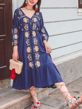Load image into Gallery viewer, Women&#39;s Bohemian Floral Embroidered V Neck 3/4 Sleeves Front Split Button Maxi Boho Dress