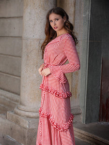 Women's Boho Dress Red Plaid Splid Ruffles Peplum Maxi Dress Cake Dress
