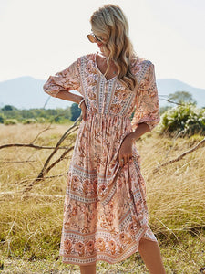 Women's Floral Boho Dress Half Sleeve V Neck Beach Party Dress