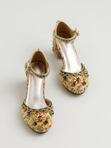 Luxurious Rhinestone Embroidery Floral Block Heel Ankle Strap Vintage Shoes
