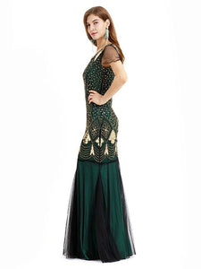 Green 1920s V Neck Sequined Long Flapper Dress
