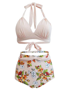 Sexy Classical Vintage Style Solid Background With Floral Two Pieces Bikini Sets